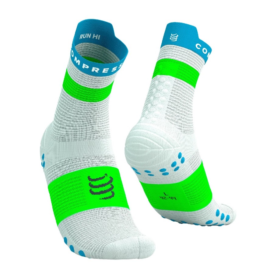PRO RACING SOCKS V4.0 RUN HIGH - WHITE/ BLUE/ NEON GREEN 35-38