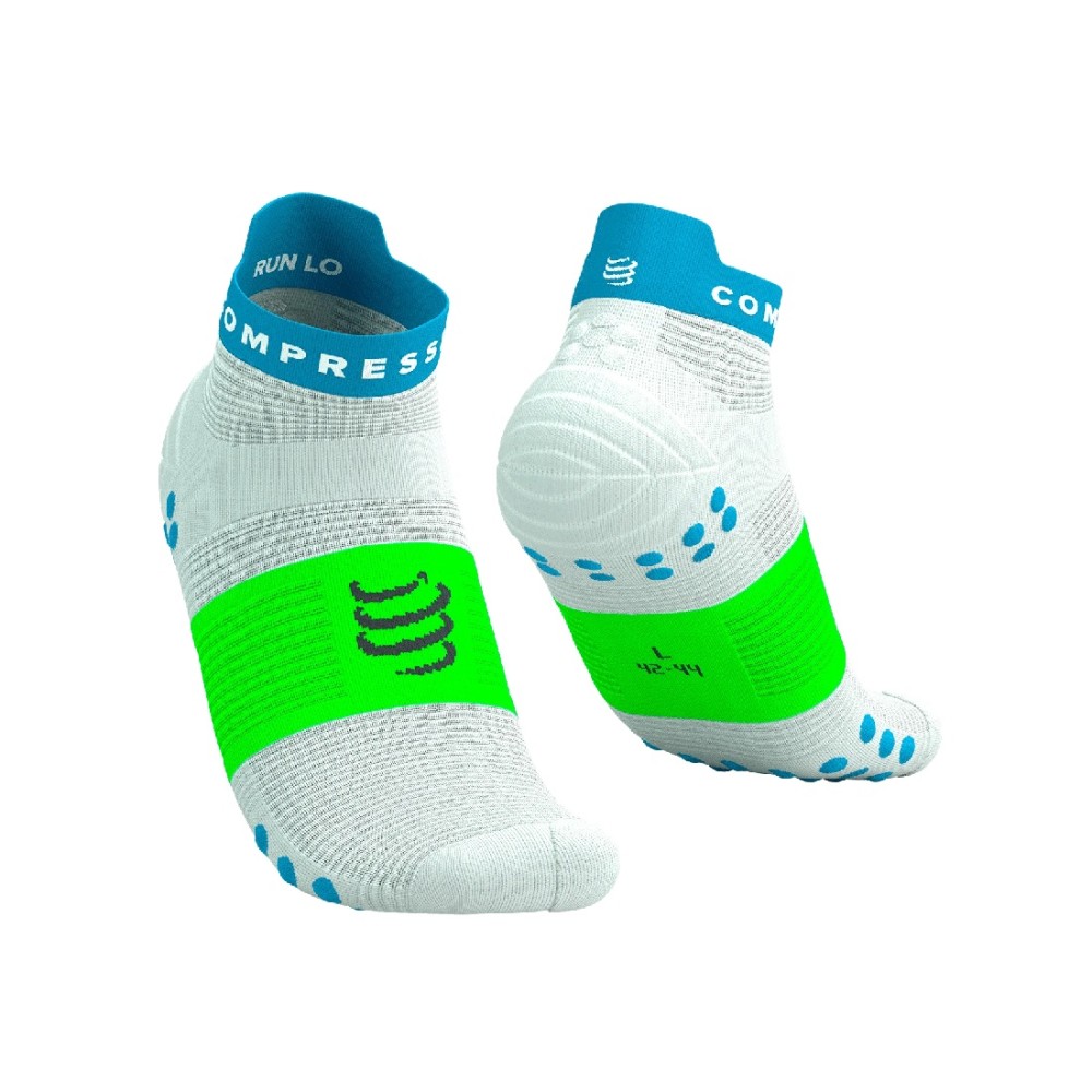 PRO RACING SOCKS V4.0 RUN LOW - WHITE/ BLUE/ NEON GREEN 42-44
