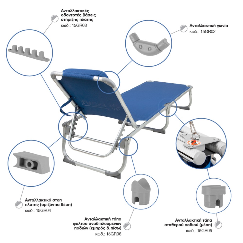 Ανταλλακ. Αποστάτης Πίσω Μπάρας Στοπ για Ξαπλώστρα Escape Γκρι
