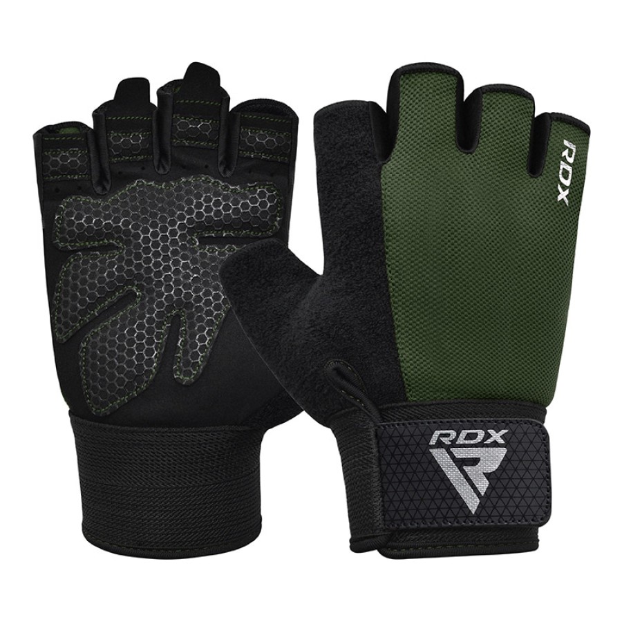 GYM WEIGHT LIFTING GLOVES W1 HALF ARMY GREEN-L